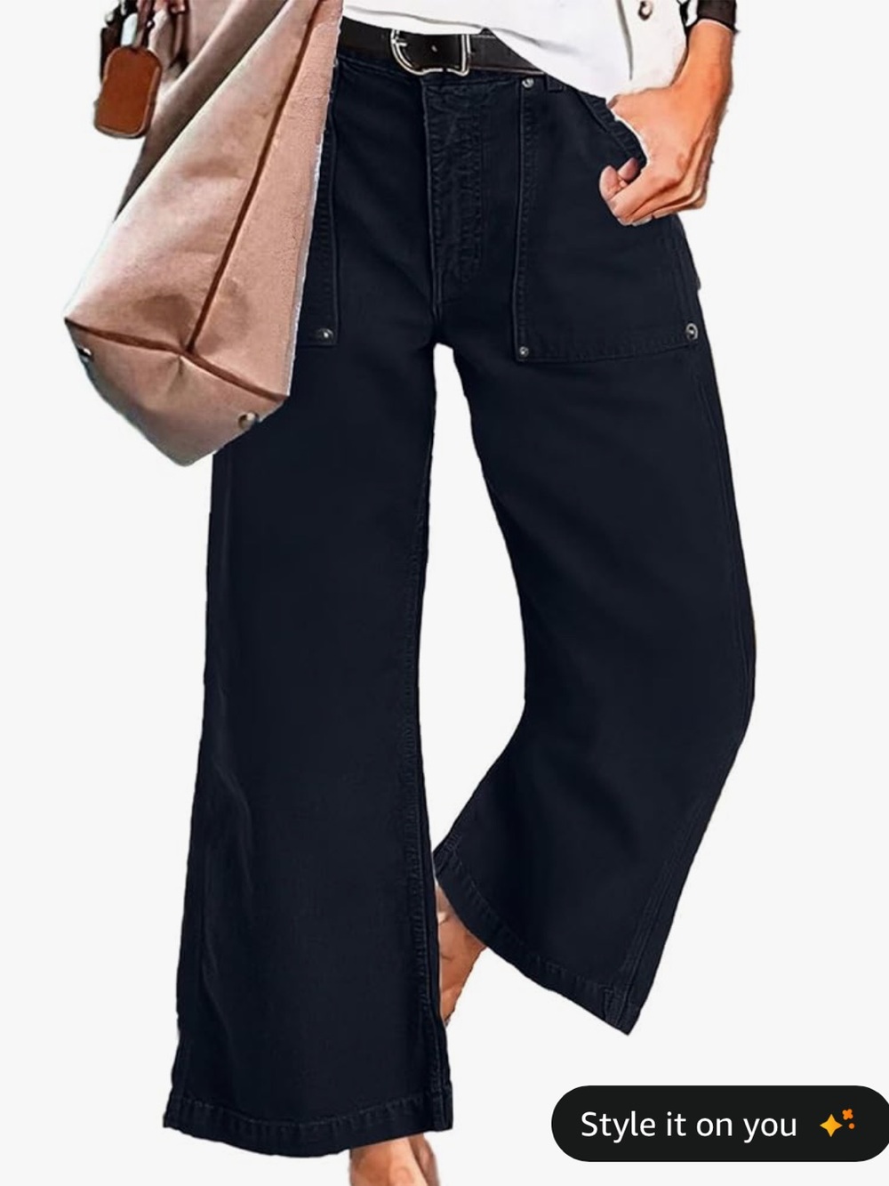 Flamingals Flap Pocket Back Mid Waist wide Leg Cropped Pants Deep Navy